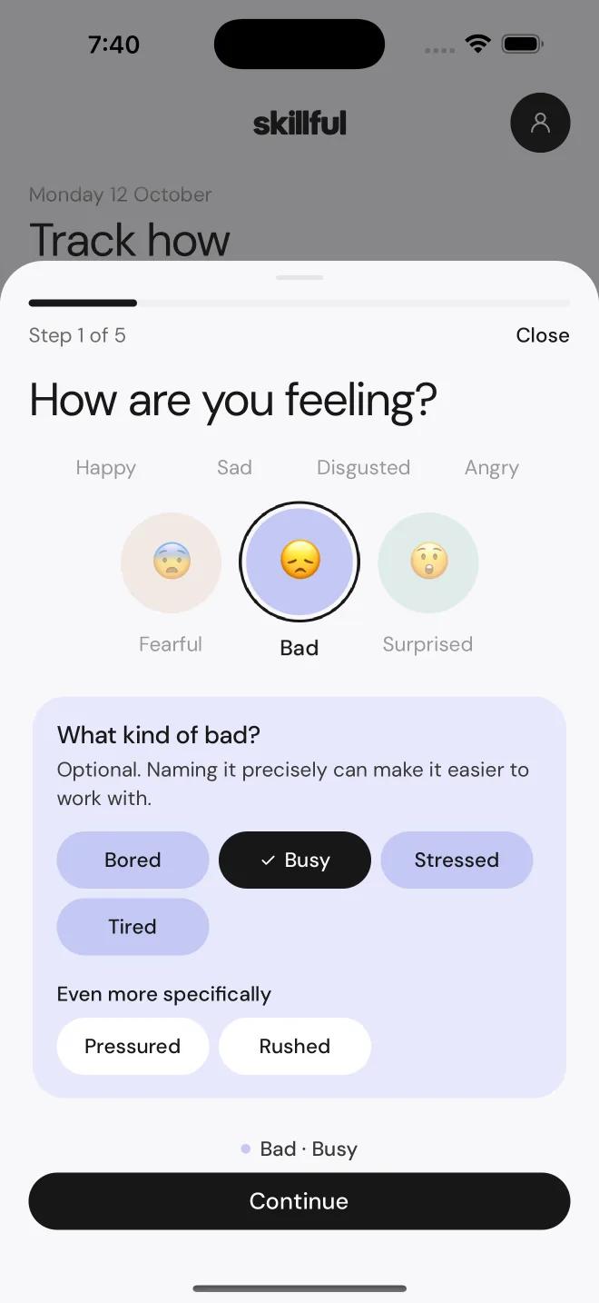 A Skillful check-in asking How are you feeling?, with Bad and Busy selected