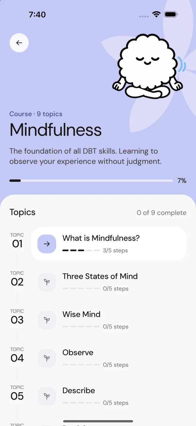The Mindfulness course in Skillful, listing topics like Wise Mind and Observe