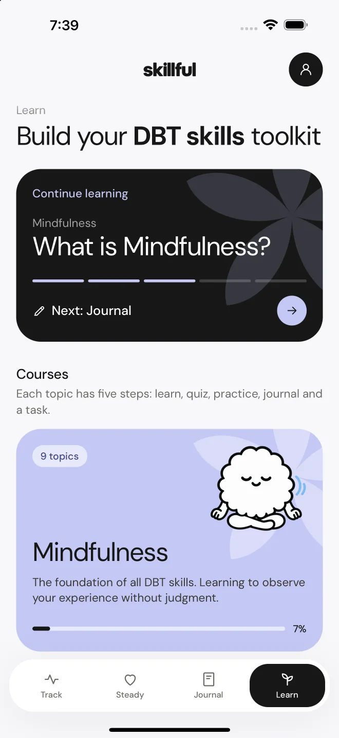 The Learn tab in Skillful, with a Continue learning card and the Mindfulness course